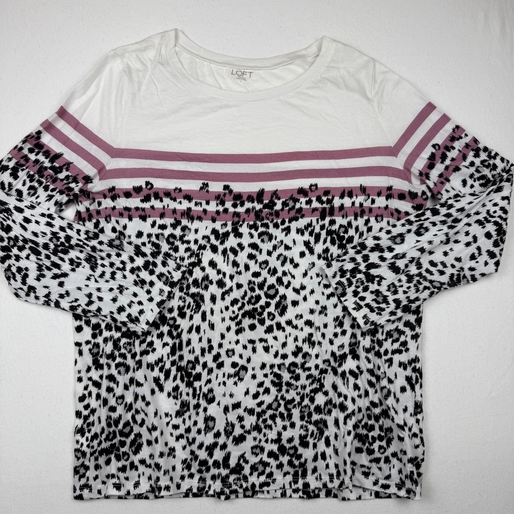 Loft Outlet Womens Large Long Sleeve Tee Mauve Stripe Leopard Animal Print Top